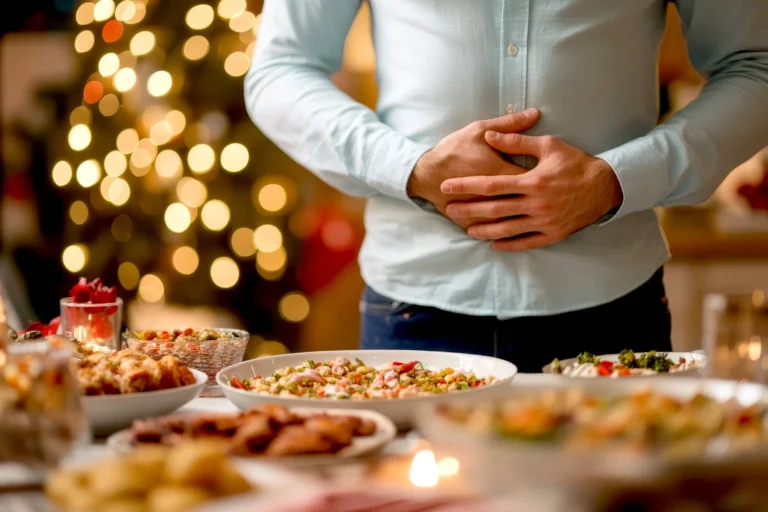 Person holds their stomach in pain against the background of a festive table with a lot of food