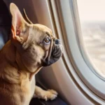 French Bulldog with seats by window of plane