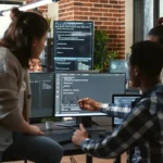Programer sitting on desk discussing with mixed team of software developers about artificial intelligence innovation