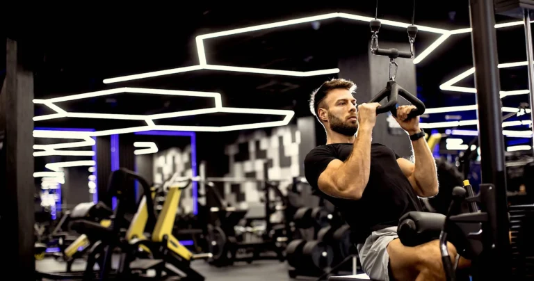 Man exercising on pull-up machine in modern gym with bright neon lights