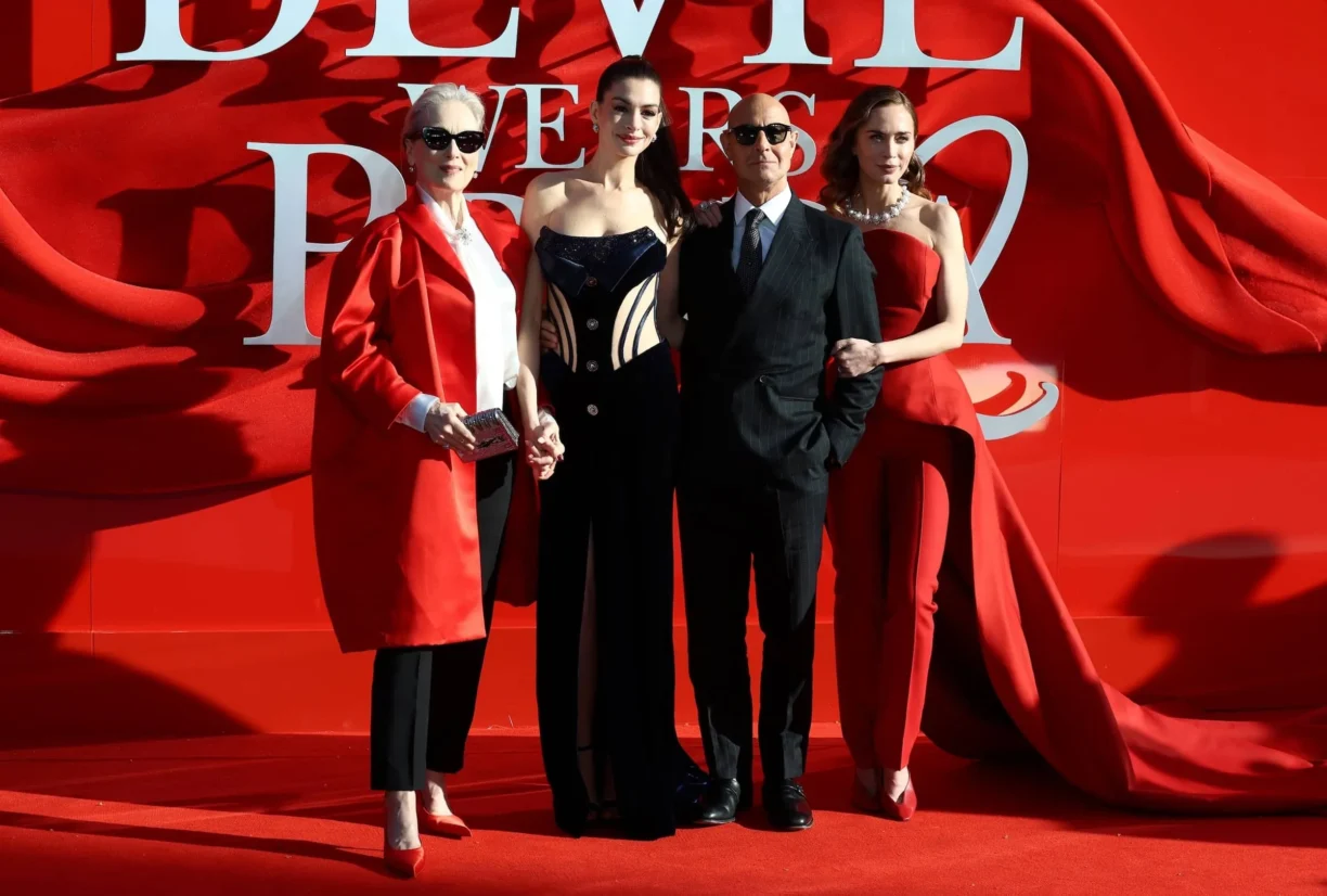Meryl Streep, Anne Hathaway, Stanley Tucci and Emily Blunt attend The Devil Wears Prada 2 European Premiere at Cineworld Leicester Square on April 22, 2026 in London