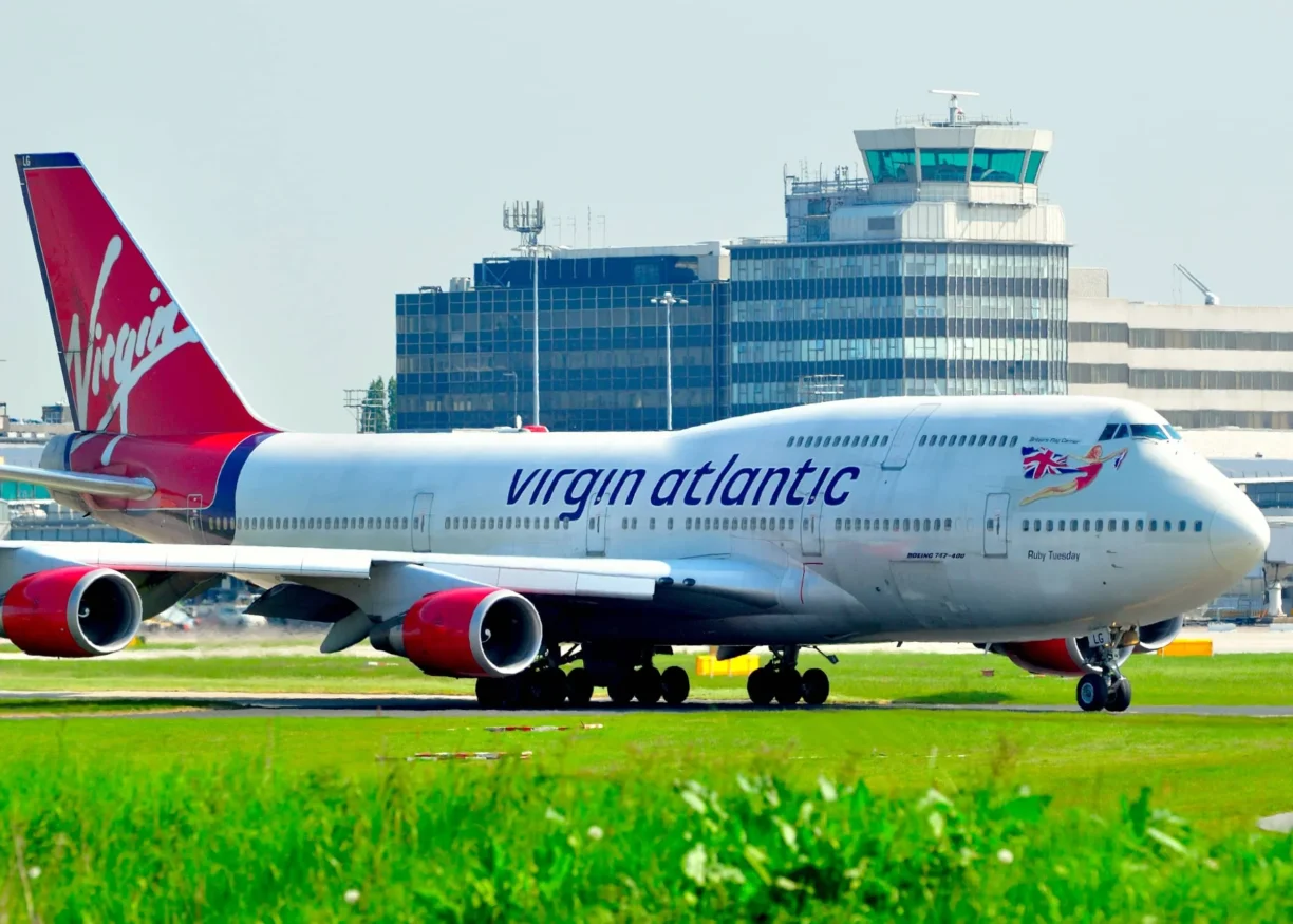 Virgin Atlantic Jumbo 747 taxiing for take off at Manchester Airport