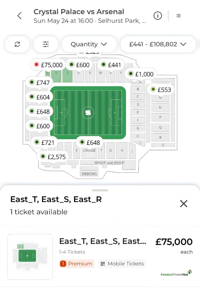 Crystal Palace vs Arsenal ticket £75000