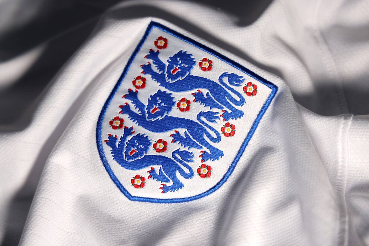 View of England Three Lions National Football Crest on White Home Jersey 2021