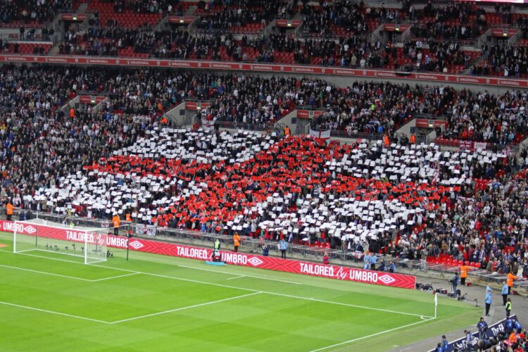Flag made by English supporter before the kick off of England-San Marino during the hymn God Save the Queen
