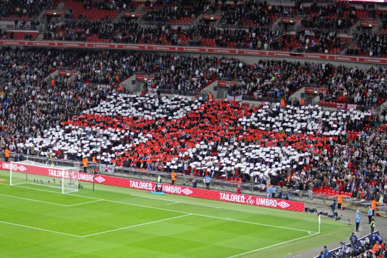 Flag made by English supporter before the kick off of England-San Marino during the hymn God Save the Queen