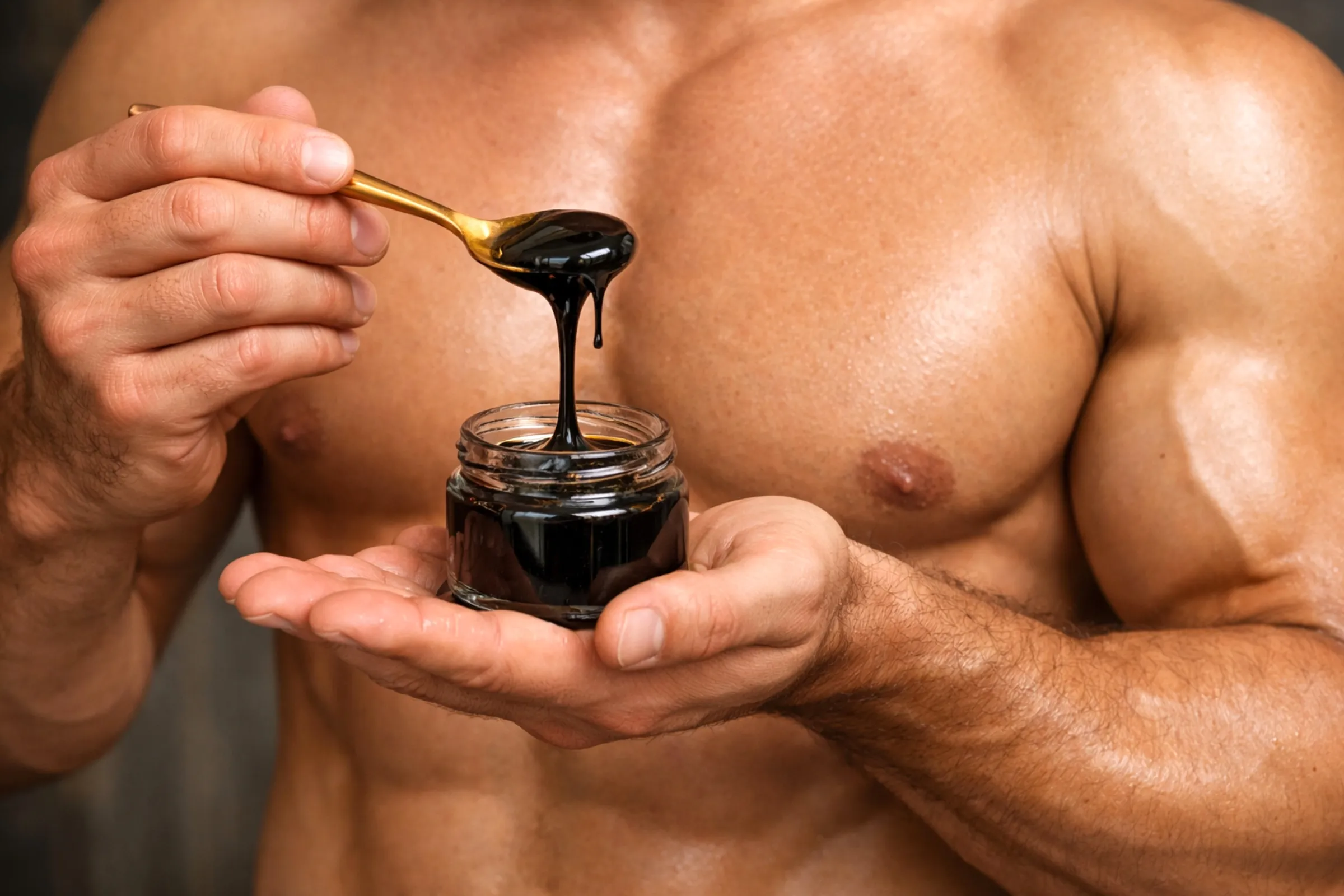Liquid Shilajit Resin in Glass Jar with Golden Spoon Held by Muscular Hands