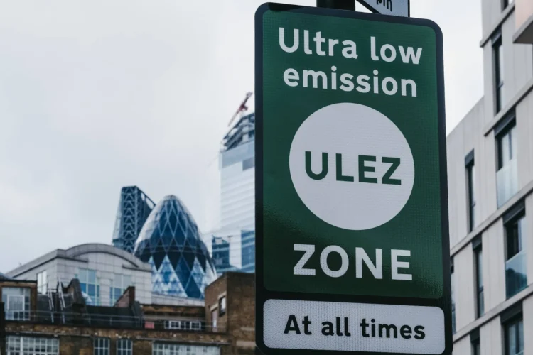 Signs indicating Ultra Low Emission Zone ULEZ on a street in London