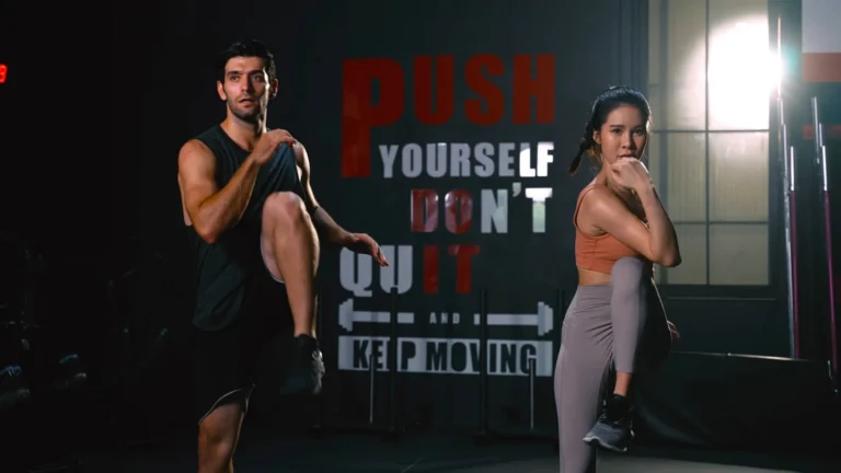 Sporty Couple Cardio Exercise Burning Calorie HIIT and Squat in Fitness Gym