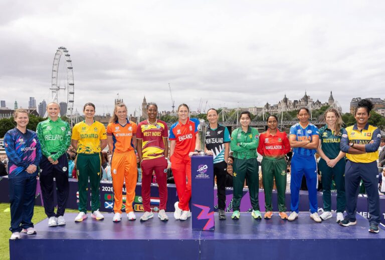 All 12 captains for the ICC Women's T20 World Cup 2026 at Captain's Carnival on Waterloo Bridge