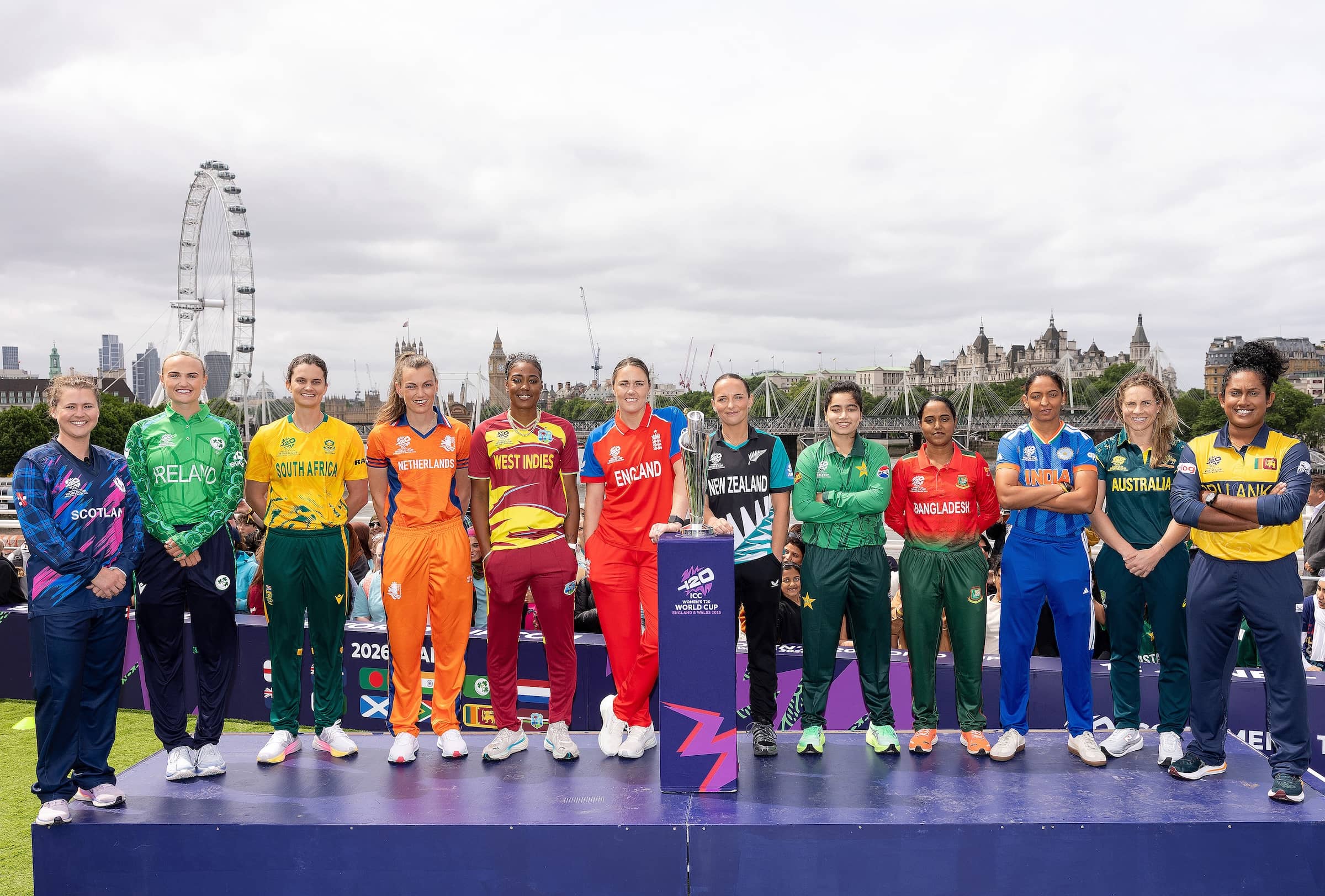 All 12 captains for the ICC Women's T20 World Cup 2026 at Captain's Carnival on Waterloo Bridge