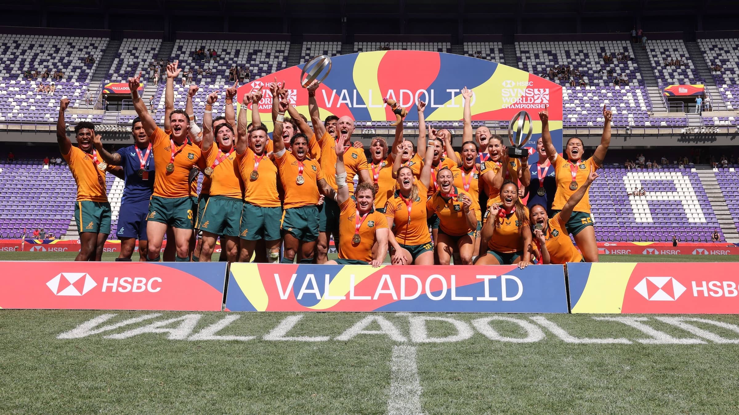 Australia men and women celebrate their Cup victory at the 2026 HSBC SVNS Valladolid