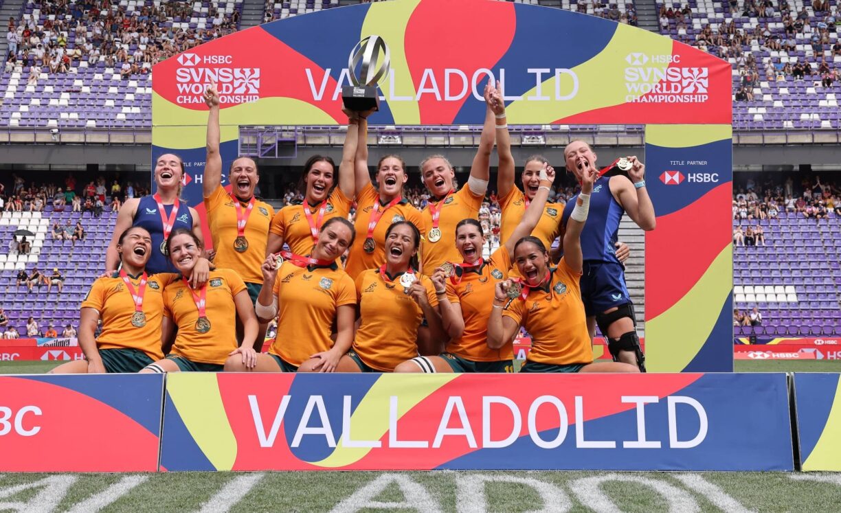 Australia women celebrate their Cup victory at the 2026 HSBC SVNS Valladolid