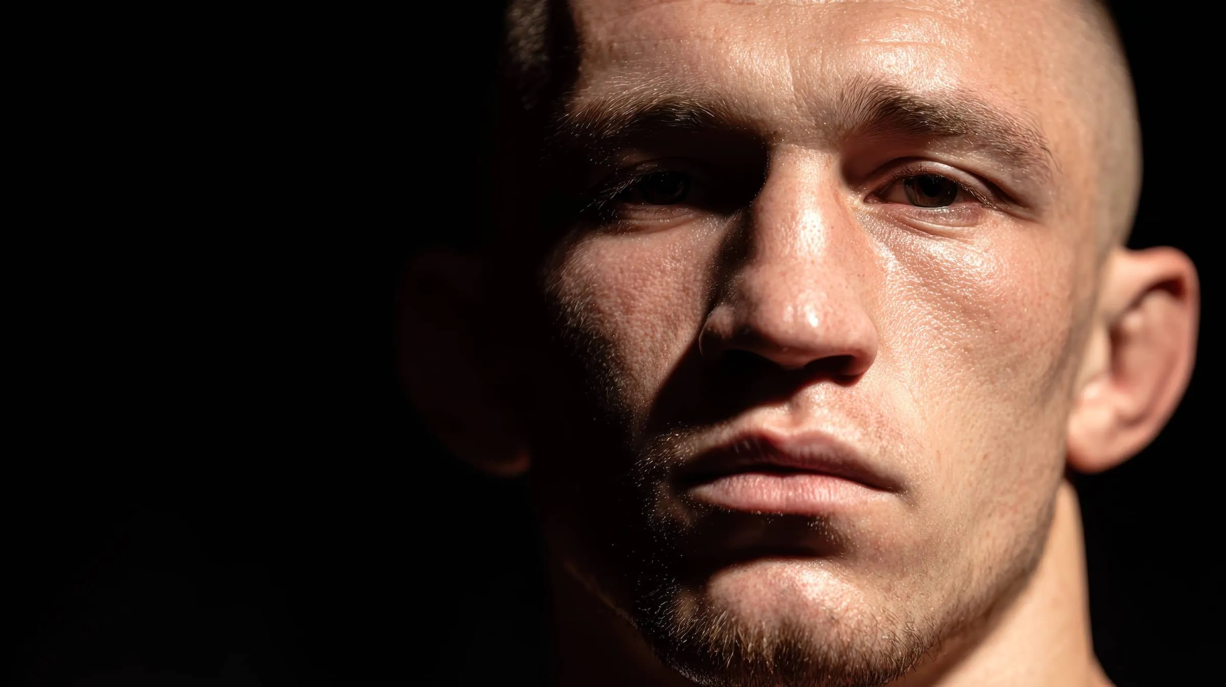 portrait of a determined young man with a shaved head ear.