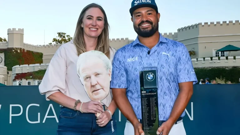 JJ Spaun with his wife after BMW PGA 2026 win