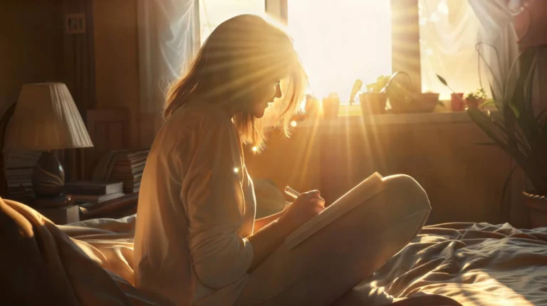 Woman journaling in warm morning sunlight