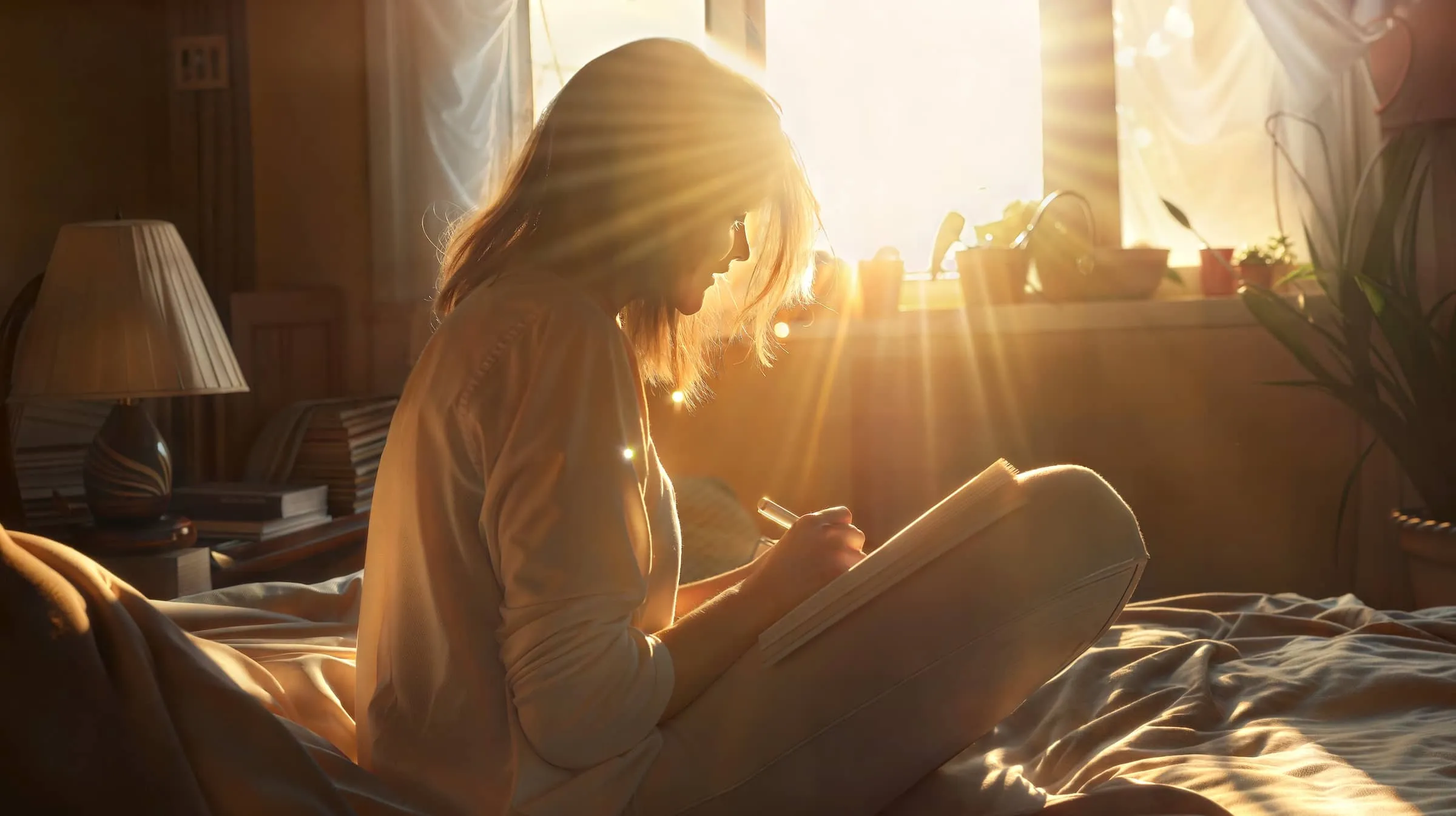 Woman journaling in warm morning sunlight