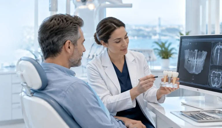 Dentist shows dental impants to patient