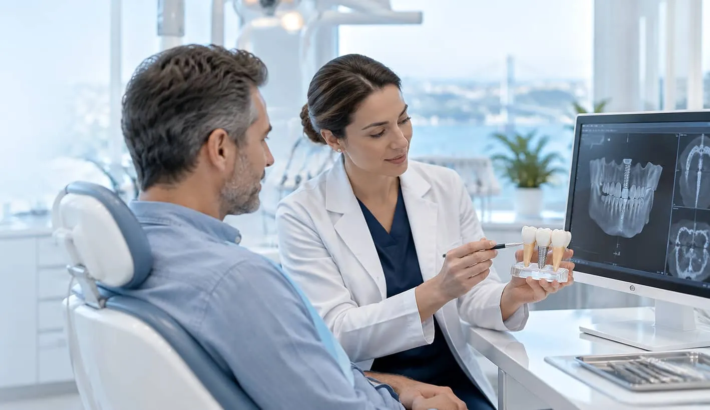 Dentist shows dental impants to patient