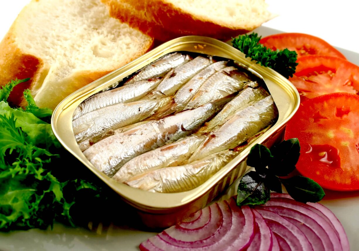 Sardines And Salad. Sardines with bread, red onion, tomato and lettuce.